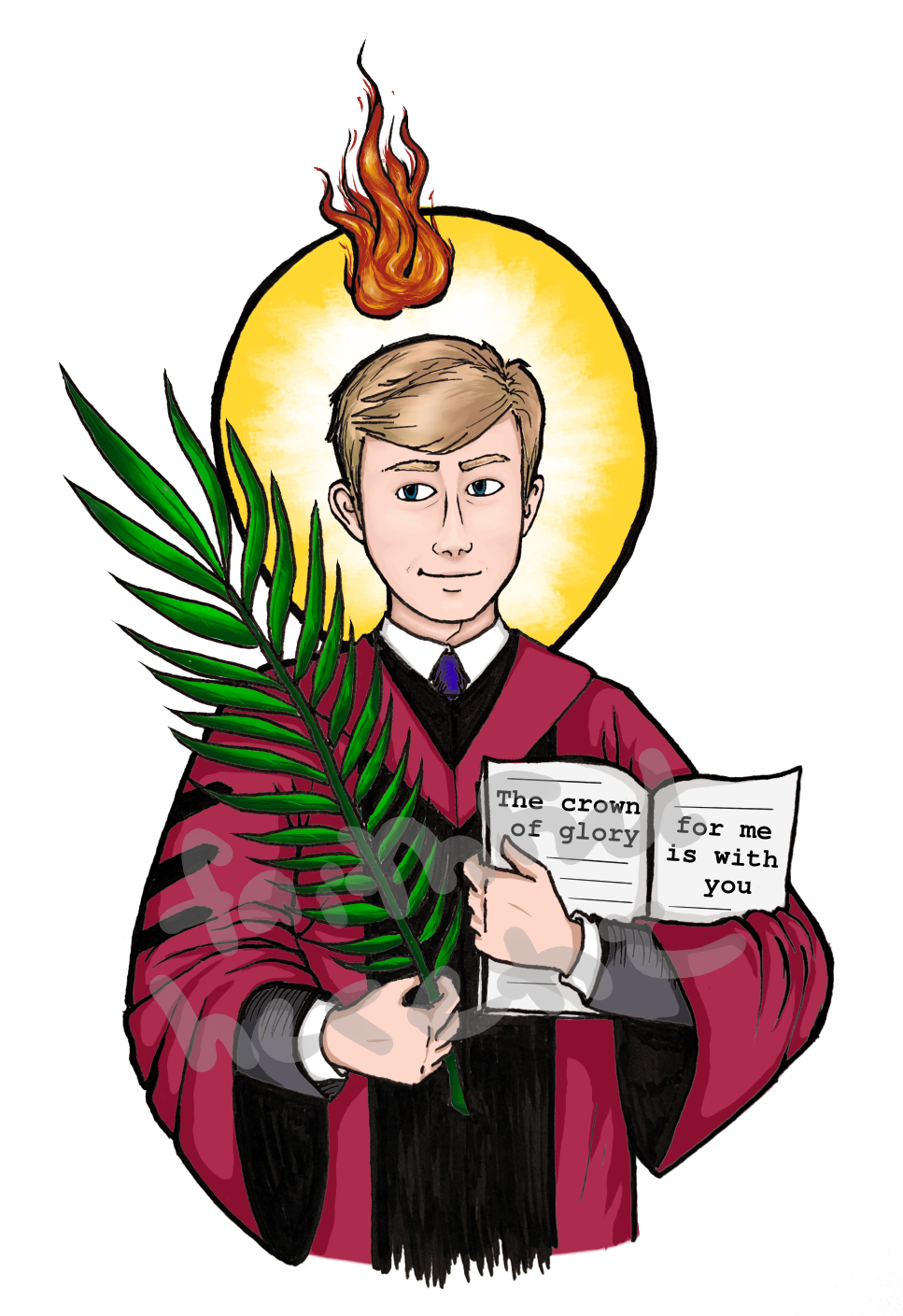 a slender blond man in academic robes carrying a palm frond and a book