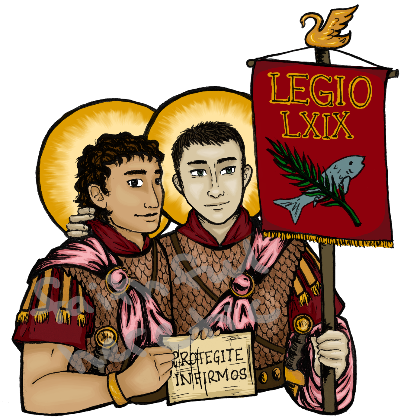 two Roman soldiers in scale armor holding a banner and touching each other affectionately
